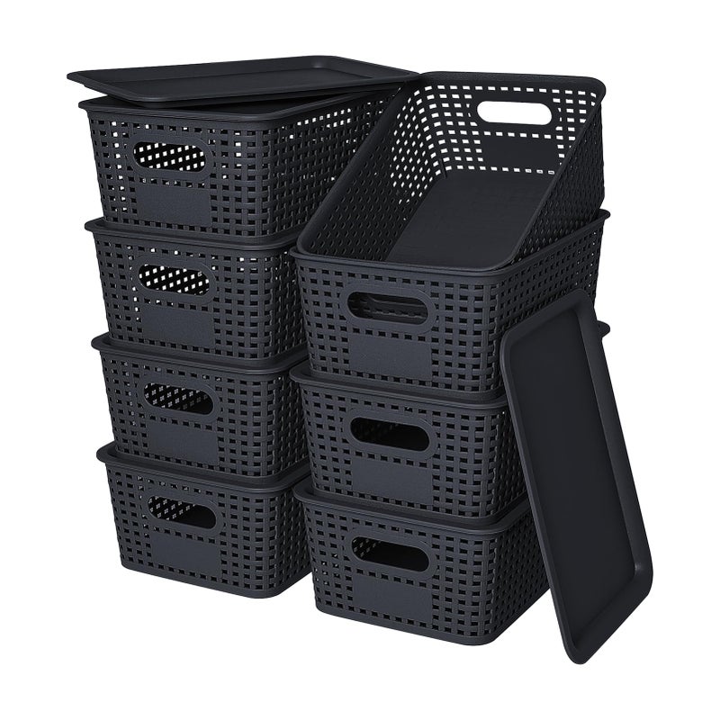 Ohmlove Plastic Storage Baskets with Lid-Plastic Storage Containers Stackable Storage bins: Storage Baskets for Organizing Shelves Drawers Desktop Closet Playroom Classroom Office  8Pack-Black10.2x7.2x4.1Inch - Image 1